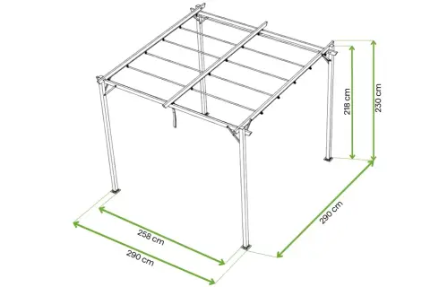 Konstrukcja altany dn80 z wymiarami: 290x258 cm, wysokość 230 cm. Idealna do ogrodu.