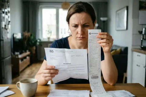 Zmartwiona kobieta analizuje rachunki i wezwanie z ZUS. Zastanawia się, jak pogodzić koszty leczenia z bieżącymi wydatkami, szukając informacji o ubezpieczenie zdrowotne NFZ.