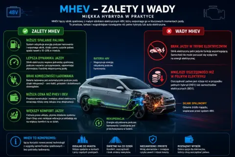 MHEV: zalety (niższe spalanie, lepsza dynamika, brak ładowania) i wady (brak jazdy EV, mniejsze oszczędności). Miękka hybryda 48V.