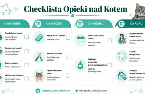 Checklista opieki nad kotem: codzienne czynności, cotygodniowe, comiesięczne i coroczne. Dbaj o swojego stary kot, by był zdrowy i szczęśliwy.