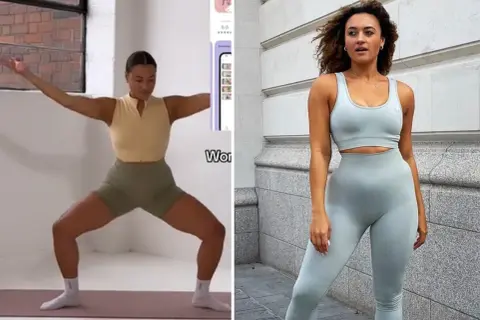 Woman demonstrating exercises for toned arms. The split image shows her in a workout pose and a fitness outfit.