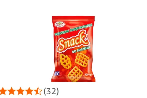 Czerwona paczka z przekąskami "Snack do smażenia" z widocznymi chrupkami o kształcie wafli.