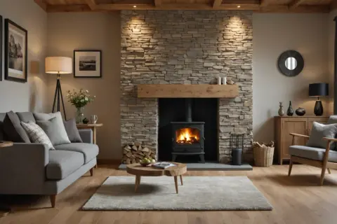 Gemütliches Wohnzimmer mit Kaminofen, davor ein Couchtisch. Die Steinwand hinter dem Kaminofen ist mit einer Holz-tapete hinterlegt.