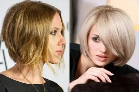 Dwie kobiety prezentują stylowe, krótkie fryzury bob. Jedna ma brązowe, falowane włosy, druga blond, proste.