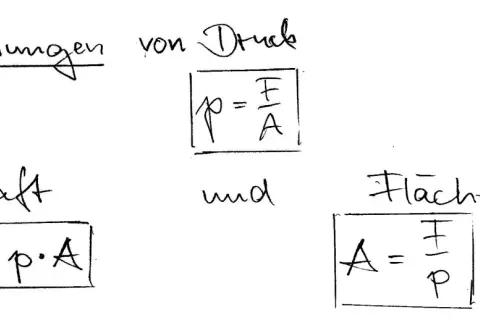 Berechnungen von Druck, Kraft und Fläche mit Formeln.