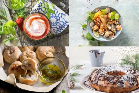 Cuatro imágenes de comida: batido de fresa, almejas, panecillos con aceite y bizcocho de chocolate. ¡Perfecto para aprender a cocinar!