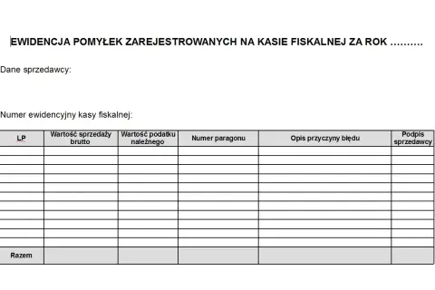 Formularz ewidencja pomyłek na kasie fiskalnej. Tabela zawiera kolumny: LP, wartość sprzedaży brutto, wartość podatku należnego, numer paragonu, opis przyczyny błędu, podpis sprzedawcy.