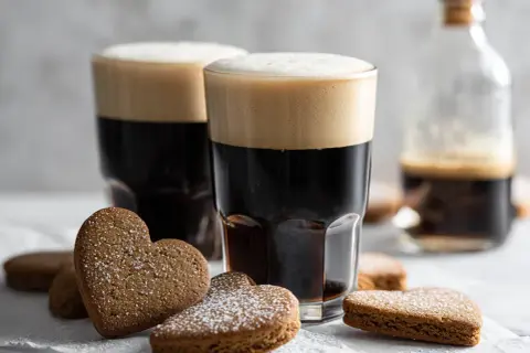 Två glas mörkt kaffe Karlsson med fluffigt skum, omgivna av hjärtformade pepparkakor pudrade med florsocker.