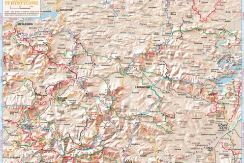 Mapa turystyczna Beskidu Wyspowego z zaznaczonymi szlakami. Widoczne miejscowości: Limanowa, Mszana Dolna, Rabka-Zdrój.