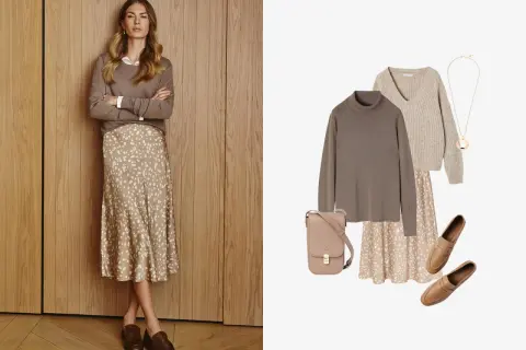 Eleganckie stylizacje boho jesień: satynowa spódnica w cętki, beżowe swetry, torebka i mokasyny.