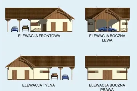 Elewacje przydomowej stajni z wiatą, dwoma drzwiami i oknami. Widać samochód i ławkę.