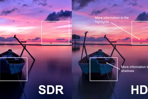 Porównanie obrazów SDR i HDR w formacie 4k. Zachód słońca nad wodą z łodzią, gdzie HDR ukazuje więcej detali w jasnych i ciemnych partiach.