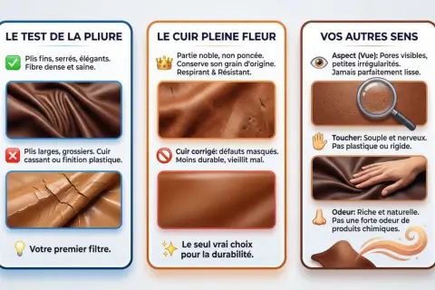 Guide pour identifier la qualité du cuir : test de pliure, aspect pleine fleur, et sensations au toucher et à l'odorat. Le tannage du cuir révèle sa noblesse.