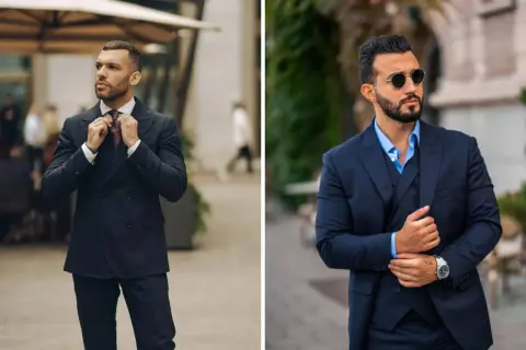 Zwei Männer in eleganten Anzügen, perfekt für eine **dresscode party chic** Veranstaltung. Einer richtet seine Krawatte, der andere trägt Sonnenbrille.