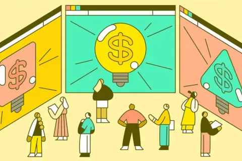 Ludzie patrzą na ekrany z żarówkami i symbolem dolara. To wizualizacja, jak działa crowdfunding co to jest: zbieranie funduszy na pomysł.