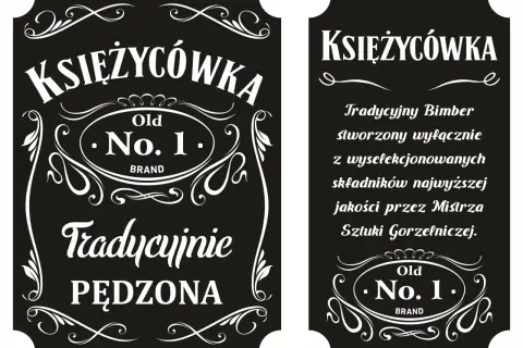 Dwie tabliczki z napisem "Księżycówka Old No. 1. BRAND". Jedna opisuje tradycyjny bimber, druga "Tradycyjnie PĘDZONA".