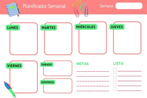 Planificador semanal con espacios para Lunes a Domingo, notas y lista. Ideal para descargar y organizar tu semana.