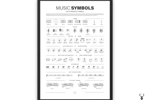 Un poster illustra i piccoli segni sul rigo musicale, spiegando note, chiavi, dinamiche e altri simboli musicali.