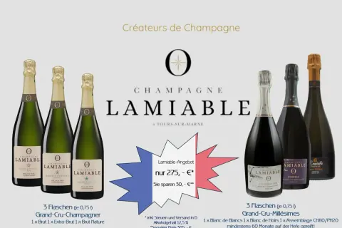 Champagnerflaschen von Lamiable. Die lange Reifung erklärt, warum ist Champagner so teuer. Grand Cru Qualität.