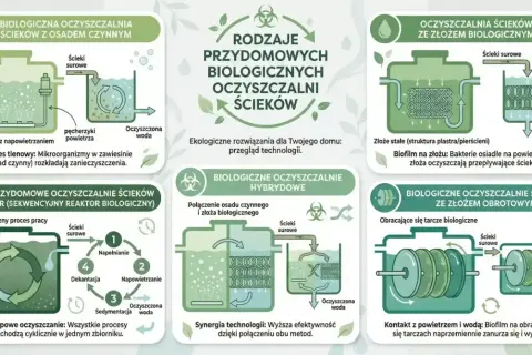 Ilustracja przedstawia różne rodzaje przydomowych biologicznych oczyszczalni ścieków.