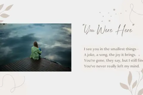 Wiersz dla przyjaciółki od serca. Dziewczyna siedzi na pomoście, patrząc na odbicie chmur w wodzie. "You Were Here" - wspomnienie bliskiej osoby.