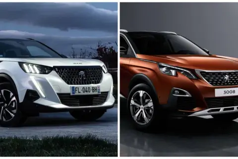 Dwa modele Peugeot SUV: biały z przodu i pomarańczowy z boku, prezentujące nowoczesny design.