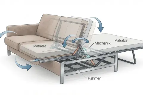 Mechanismus eines Schlafsofas, der verschiedene Sofa Arten zeigt. Eine ausklappbare Matratze mit Rahmen und Mechanik.