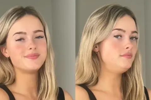 Chica rubia sonriendo en la izquierda, y en la derecha muestra cómo se ve su mandíbula con la técnica de "mewing" para definir el rostro.