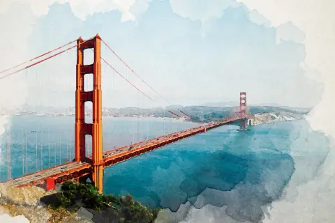 Golden Gate Bridge rendered with a beautiful photoshop watercolor effect, its iconic orange towers standing against a blue bay and hazy sky.