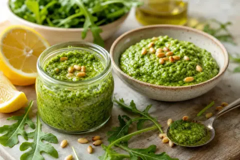 Frisches Rucola Pesto ohne Parmesan, garniert mit Pinienkernen, neben Zitronenspalten und Rucolablättern.