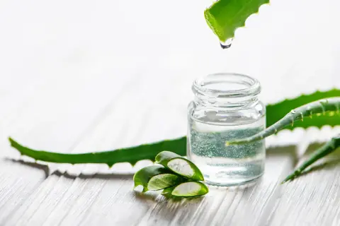 Aloe Vera Gel in einem Glasfläschchen, daneben aufgeschnittene Aloe Vera Blätter. Tropfen von Aloe Vera fallen auf das Gel, ideal für offene Wunden.