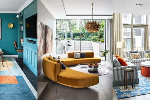 Diverse family room ideas: a teal media wall, a curved mustard sofa with garden views, and a striped sofa with a floral rug.