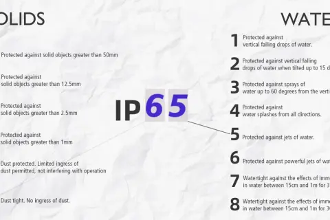 Tableau IP65 : protection contre les solides (jusqu'à 6 niveaux) et l'eau (jusqu'à 8 niveaux).