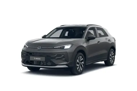Grå Volkswagen T-Roc, en kompakt SUV. Kolla in det senaste **Volkswagen T-Roc pris** för denna snygga bil.