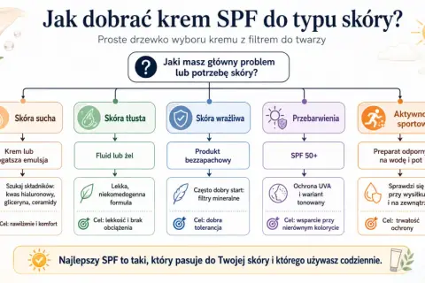 Drzewko wyboru kremu SPF: dla skóry suchej, tłustej, wrażliwej, z przebarwieniami i do aktywności sportowej. Dowiedz się, co to SPF i jak dobrać najlepszy.