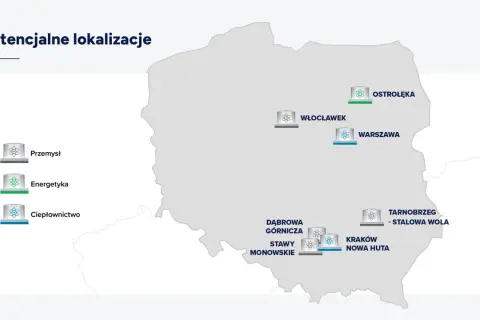 Mapa Polski z zaznaczonymi potencjalnymi lokalizacjami elektrowni atomowych i ich przeznaczeniem.