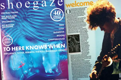Okładka magazynu o shoegaze z zespołami jak My Bloody Valentine. W tle artysta z burzą włosów.