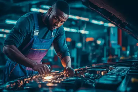 Mécanicien concentré sur le moteur, vérifiant le servo frein. La lumière éclaire les pièces complexes.