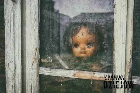 Przerażająca lalka Annabell spogląda przez brudne okno starego domu.