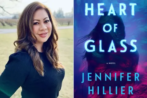 Autorka Jennifer Hillier i okładka jej książki "Serce ze szkła".