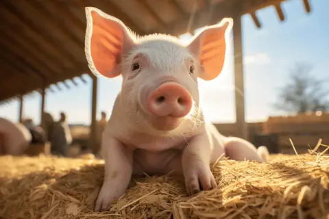 Un adorable porcelet rose, le cochon est il propre ? Il semble tout frais sur son lit de paille, sous le soleil.