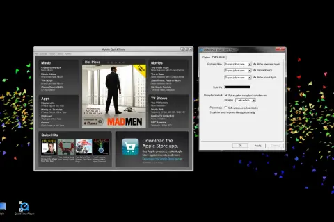 Ustawienia QuickTime Player: dopasowanie rozmiaru filmu, ukrywanie narzędzi po 2 sekundach.