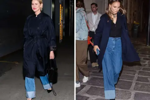 Naomi Watts i Natalie Portman pokazują, jak podwijać nogawki w jeansach, tworząc modny look. Szerokie mankiety dodają stylu.