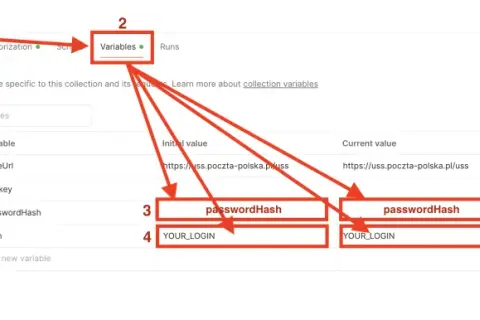 Zmienne dla poczta sledz: baseUrl, api-key, passwordHash, login. Wartości początkowe i bieżące są widoczne.
