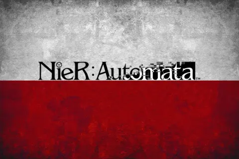 Logo Nier: Automata na tle przypominającym polską flagę. Czekamy na nier automata spolszczenie!