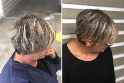 Capelli corti con meches chiare, un taglio moderno che illumina il viso.