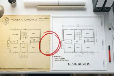 Confronto tra progetto e stato di fatto per accertamento di conformità. Una modifica strutturale non autorizzata è evidenziata.