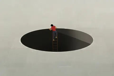 Iemand die altijd een weerwoord heeft, klimt met een ladder uit een zwart gat.