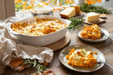 Un délicieux gratin patate douce, doré et gratiné, servi dans un plat blanc et sur deux assiettes. Des morceaux de fromage et des herbes complètent cette scène automnale.