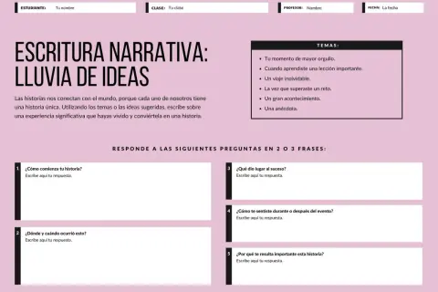 Plantilla para escribir una historia narrativa, con secciones para temas, preguntas guía y espacios para respuestas.